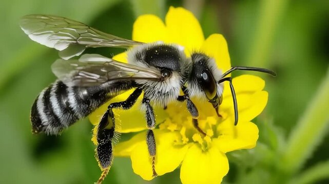 Zooming in on a bee pollinating a bright yellow flower in nature