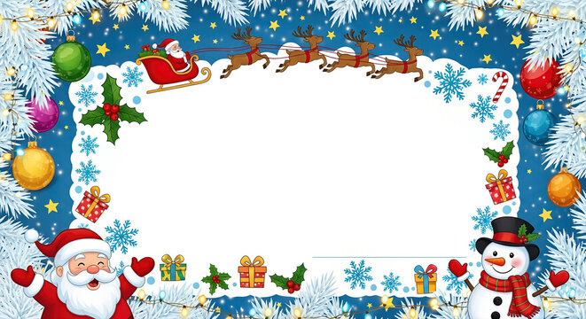 Festive Christmas scene with Santa and reindeer in a frame. A joyful illustration for the holidays. Winter celebration, seasonal greetings, Christmas cheer.