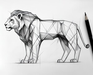 Geometric lion sketch with pencil in detailed line art on white background