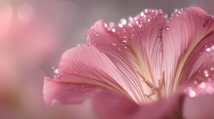 Close-up of a delicate pink flower with water droplets glistening on its petals, creating a soft and serene atmosphere in nature's beauty
