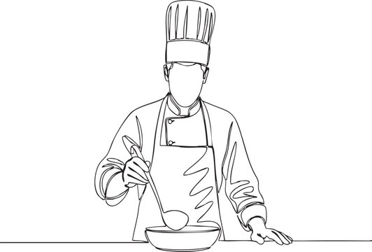 Professional chef stirring delicious soup in a bowl with a ladle in one line drawing for restaurant branding or menu design