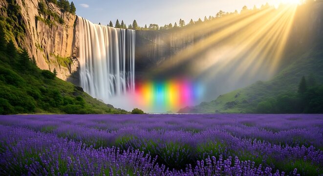 Lavender field below a majestic waterfall with sun rays and a rainbow - Powered by Adobe