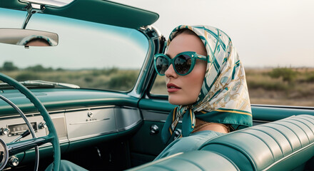Woman in vintage convertible car with headscarf and sunglasses. A stylish portrait conveying elegance and freedom. Classic style, retro fashion, luxurious lifestyle.
