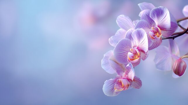 Fototapeta Elegant purple orchid blossoms on a soft blue background showcasing delicate petals and vibrant colors for floral design and nature themes