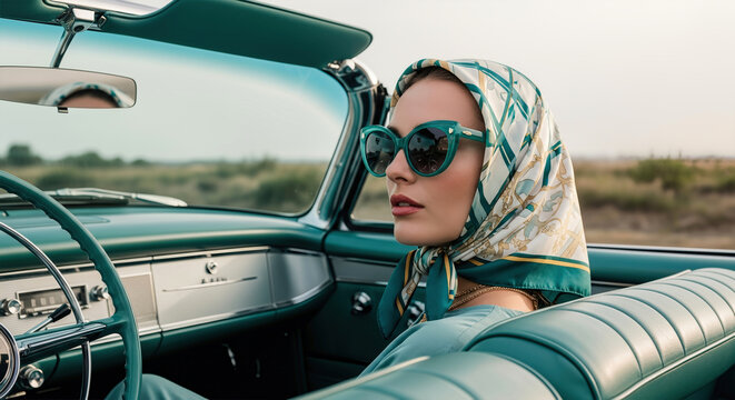 Woman in vintage convertible car with headscarf and sunglasses. A stylish portrait conveying elegance and freedom. Classic style, retro fashion, luxurious lifestyle.