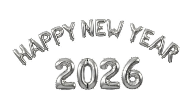 Shiny silver balloon 2026, Happy new year isolated on transparent background