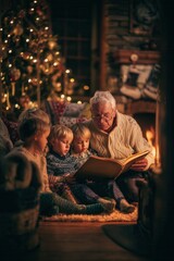 Obraz premium Grandfather reads storybook to grandchildren on couch by crackling fireplace with Christmas tree bokeh. Cozy family storytelling moment, heartwarming holiday tradition, peaceful winter evening vibe.