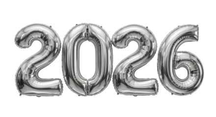 Shiny silver balloon 2026, Happy new year isolated on transparent background