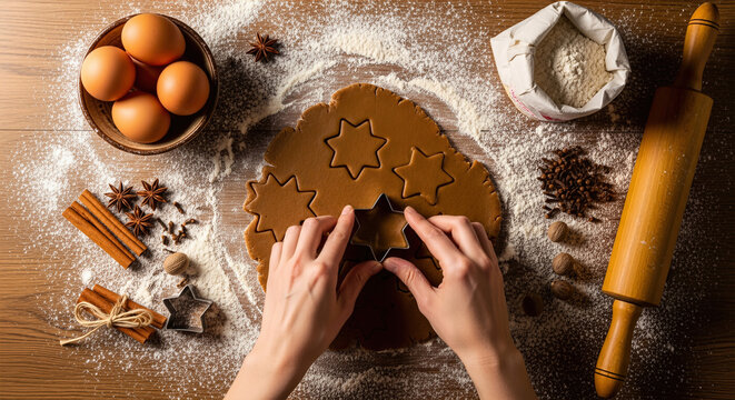 Hands cutting star shapes from gingerbread dough on a wooden surface. A festive, warm-toned shot of holiday baking preparation. Christmas baking, home cooking, holiday season.