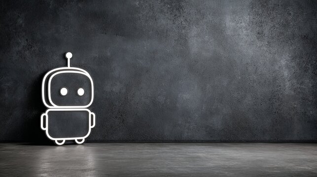 neon line drawing of an ai robot on a dark concrete wall, copy and text space