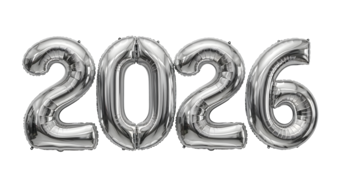 Shiny silver balloon 2026, Happy new year isolated on transparent background