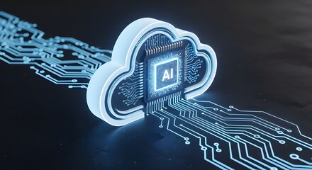 Cloud computing and artificial intelligence (AI) concept with circuit board design. Ideal for technology, data science, and digital transformation projects.