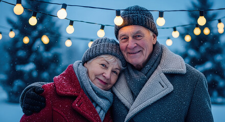Senior couple outdoors embracing under string lights in winter. A heartwarming portrait of enduring love and companionship. Festive season, shared joy, winter romance.