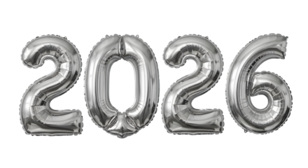 Shiny silver balloon 2026, Happy new year isolated on transparent background