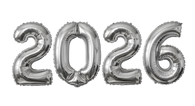 Shiny silver balloon 2026, Happy new year isolated on transparent background
