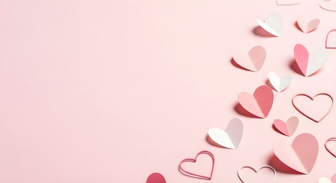 Delicate paper hearts in various shades of pink arranged on a soft pink background