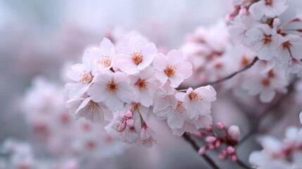 Fototapeta premium Delicate pink cherry blossom flowers in spring bloom against a soft blurred background, celebrating nature's beauty and vibrant seasonal change