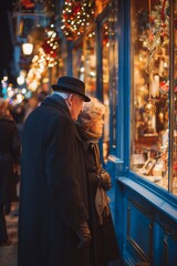 Obraz premium Elderly couple stands close together, admiring a decorated holiday store window at night. A moment of warmth and nostalgia.
