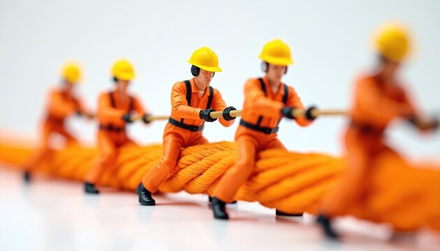 Miniature workers in orange suits pull thick rope together. Tiny figures demonstrate unity and synchronized strength. Team plays tug of war, showing joint effort and coordination.