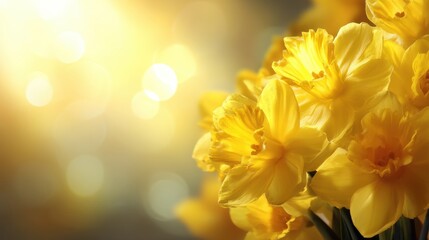 Obraz premium Vibrant Yellow Daffodils Blooming Against a Soft Golden Background with Bokeh Effect in a Spring Garden Scene in Full Bloom