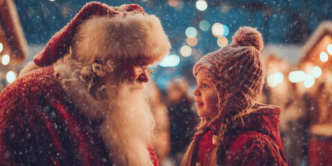 Smiling child in a warm hat and coat talks with Santa Claus at a festive Christmas market, with twinkling lights and falling snow. Holiday traditions, childhood joy, and seasonal magic.