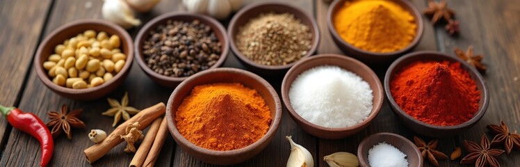 Various vibrant spices sit in ceramic bowls on rustic wood table. Turmeric, chili powder, salt, black peppercorns, star anise, cinnamon sticks, garlic cloves. Ready for cooking, adding rich flavor.