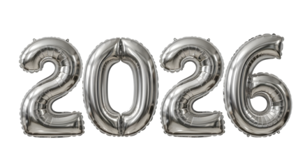 Shiny silver balloon 2026, Happy new year isolated on transparent background