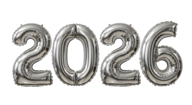 Shiny silver balloon 2026, Happy new year isolated on transparent background