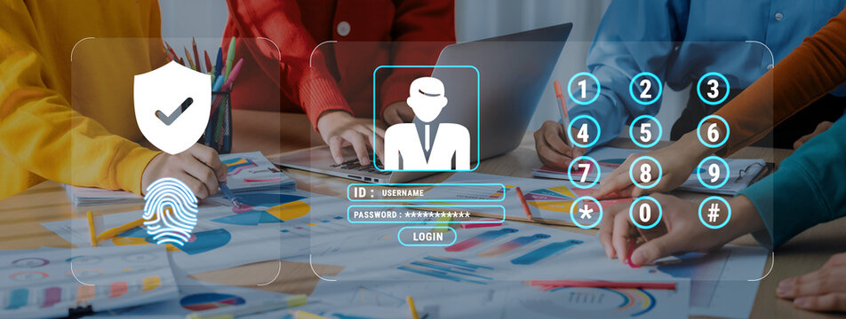 Diverse professionals engage in a collaborative session focusing on digital security and login methods while analyzing financial data in a modern workspace. Trope - Powered by Adobe