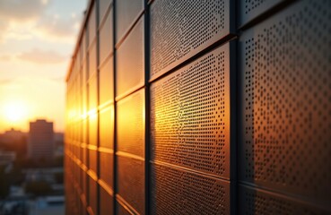 Modern building facade features perforated metal panels. Warm golden sunlight reflects off textured metallic surface during sunset. Abstract urban architecture shows contemporary design. Blurry
