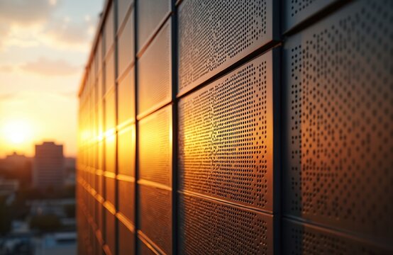 Modern building facade features perforated metal panels. Warm golden sunlight reflects off textured metallic surface during sunset. Abstract urban architecture shows contemporary design. Blurry