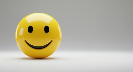 Fototapeta premium Bright yellow smiling face icon expressing extreme happiness against a smooth, solid light gray studio backdrop, gray, mood, wonderful