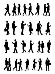 Fototapeta premium Collection of Black Silhouettes: Business Professionals Walking, Talking, Shaking Hands, and Using Mobile Phones, Isolated on White Background for Corporate Design