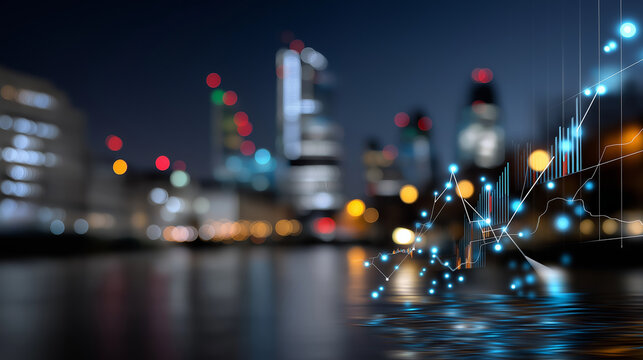 Defocused financial district skyline overlaid with transparent data grids and index graphs, soft bokeh lights, with copy space