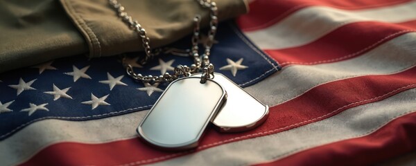 Fototapeta premium US flag with military dog tags and uniform fabric. Symbol of patriotism sacrifice remembrance and pride for veterans and active service members. Memorial tribute.