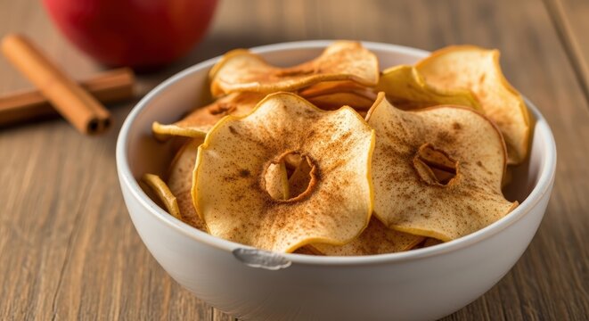 A white ceramic bowl filled with crispy, homemade baked apple chips sprinkled with cinnamon on a wooden surface.