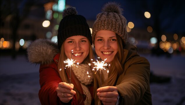 Two women holding sparklers smiling outdoors at night with city lights in the background celebrating