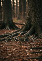 Fototapeta premium A cute wild rabbit foraging for food amongst the dry leaves and exposed roots of large trees in a dense, quiet forest setting, wilderness, bark, nature