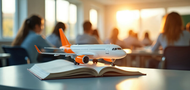 Airplane model sits on book in classroom. Students attend lecture about aviation future, design. Education program aims to develop mechanical, aerospace engineering skills, advance tech innovation, - Powered by Adobe
