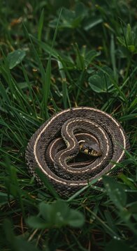 A slender striped garter snake rests coiled amongst lush green blades of grass in a sunny field environment, blending into the foliage, lurking, garter snake, squamate
