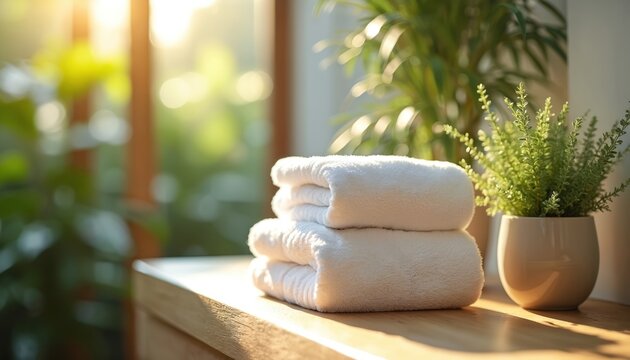 Three clean white towels stack on wooden surface in sunlit bathroom. Warm light shines on fluffy towels, vibrant green plants. Setting creates fresh, calming spa like environment, offering great