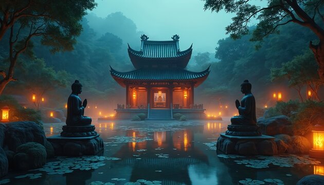 Serene Asian temple sits by calm pond at dusk. Buddha statues meditate in misty garden. Glowing lanterns illuminate spiritual landscape creating peaceful mood. Light reflects on water in zen scenery