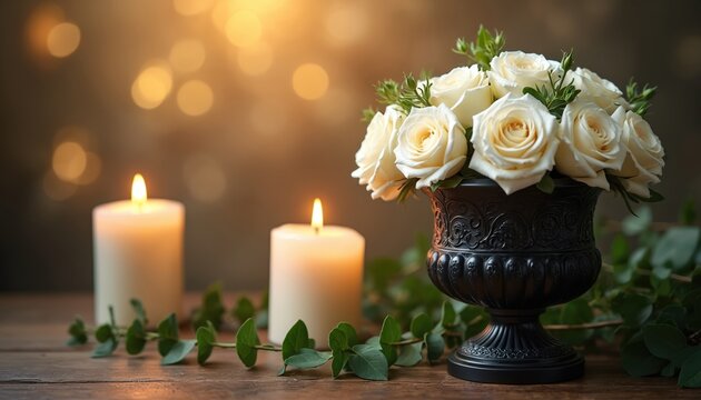 Illustration of white roses in black urn with burning candles. Funeral decor includes floral arrangement and lighted candles. Mourning and loss concept is suitable for memorial service or bereavement.