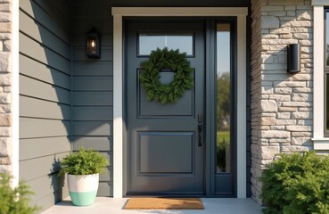 Modern house entrance with gray front door and green wreath. Sidelight window and stone wall cladding. Potted plant on doorstep. Entrance is decorated for holidays or special occasion.