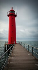 Striking red navigational lighthouse structure standing firmly at the terminus of a long wooden pier extending into the cold, choppy ocean water ,scenic ,safety ,coastal