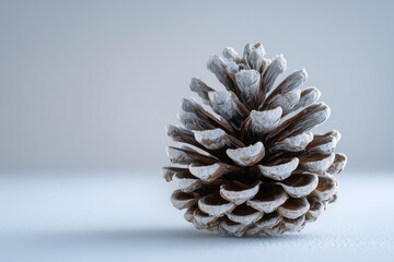 Single pinecone lightly dusted with snow on matte neutral backdrop