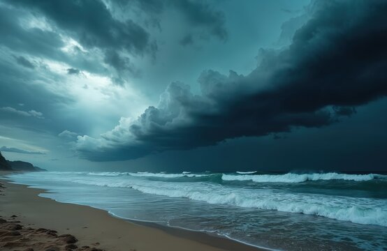 Huge dark storm clouds fill sky over rough ocean. Big waves crash onto wide sandy beach shore. Powerful sea landscape shows severe weather conditions. Nature displays raw force before tempest.
