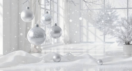 Scandinavian Christmas interior with hanging pastel ornaments and natural pine branches. Minimal elegant festive decoration in soft daylight creating calm winter atmosphere.