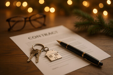 Real estate contract with house keychain, pen, and eyeglasses on wooden desk, decorated with soft Christmas lights and evergreen branch. Warm festive atmosphere in elegant business setting, 8k photo.