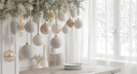 Scandinavian Christmas interior with hanging pastel ornaments and natural pine branches. Minimal elegant festive decoration in soft daylight creating calm winter atmosphere.